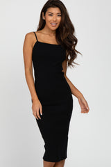 Black Ribbed Square Neck Sleeveless Midi Dress