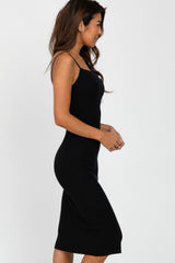 Black Ribbed Square Neck Sleeveless Midi Dress