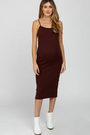 Brown Ribbed Square Neck Sleeveless Maternity Midi Dress