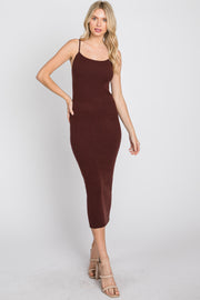 Brown Ribbed Square Neck Sleeveless Midi Dress