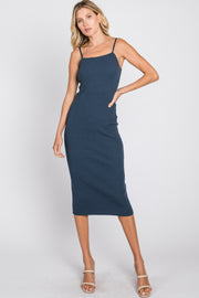 Navy Blue Ribbed Square Neck Sleeveless Midi Dress