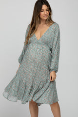 Sage Ditsy Floral V-Neck Handkerchief Maternity Dress