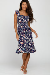 Navy Floral Smocked Maternity Dress