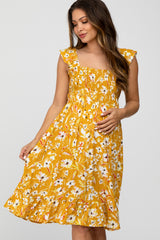 Mustard Floral Smocked Maternity Dress