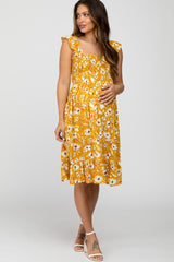 Mustard Floral Smocked Maternity Dress