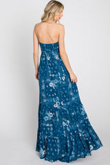 Blue Floral Paisley Smocked Strapless Maxi Dress