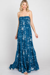 Blue Floral Paisley Smocked Strapless Maxi Dress