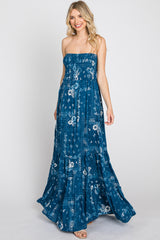 Blue Floral Paisley Smocked Strapless Maternity Maxi Dress