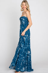 Blue Floral Paisley Smocked Strapless Maxi Dress