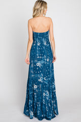 Blue Floral Paisley Smocked Strapless Maxi Dress