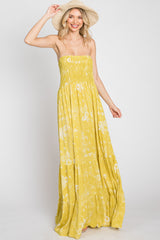 Yellow Floral Paisley Smocked Strapless Maxi Dress