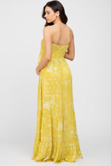 Yellow Floral Paisley Smocked Strapless Maternity Maxi Dress