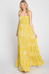 Yellow Floral Paisley Smocked Strapless Maxi Dress