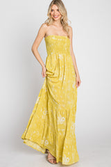 Yellow Floral Paisley Smocked Strapless Maxi Dress