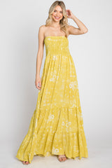 Yellow Floral Paisley Smocked Strapless Maxi Dress