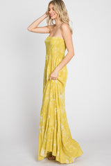 Yellow Floral Paisley Smocked Strapless Maxi Dress