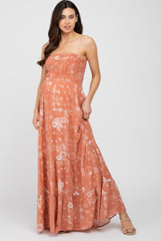 Rust Floral Paisley Smocked Strapless Maternity Maxi Dress