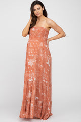 Rust Floral Paisley Smocked Strapless Maternity Maxi Dress