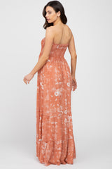 Rust Floral Paisley Smocked Strapless Maternity Maxi Dress