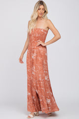 Rust Floral Paisley Smocked Strapless Maxi Dress