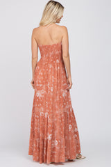 Rust Floral Paisley Smocked Strapless Maxi Dress