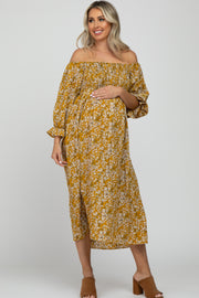 Yellow Floral Smocked Maternity Midi Dress