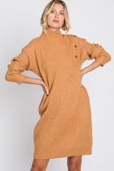 Camel Mock Neck Button Shoulder Maternity Sweater Dress