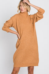 Camel Mock Neck Button Shoulder Sweater Dress