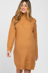 Camel Mock Neck Button Shoulder Maternity Sweater Dress