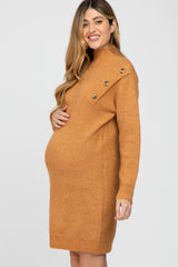 Camel Mock Neck Button Shoulder Maternity Sweater Dress