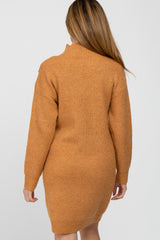 Camel Mock Neck Button Shoulder Maternity Sweater Dress