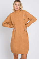 Camel Mock Neck Button Shoulder Sweater Dress