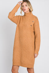 Camel Mock Neck Button Shoulder Sweater Dress