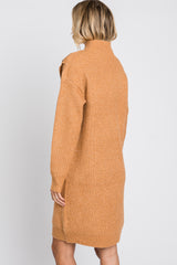 Camel Mock Neck Button Shoulder Sweater Dress