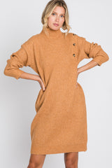 Camel Mock Neck Button Shoulder Sweater Dress