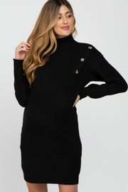 Black Mock Neck Button Shoulder Maternity Sweater Dress