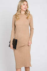 Beige Knit Mock Neck Midi Dress