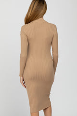 Beige Knit Mock Neck Maternity Midi Dress