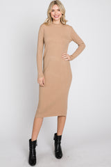 Beige Knit Mock Neck Midi Dress