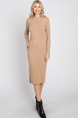 Beige Knit Mock Neck Midi Dress