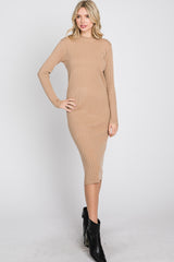 Beige Knit Mock Neck Midi Dress