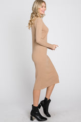 Beige Knit Mock Neck Midi Dress