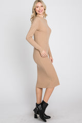 Beige Knit Mock Neck Midi Dress