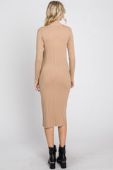 Beige Knit Mock Neck Midi Dress