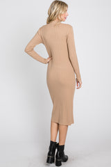 Beige Knit Mock Neck Midi Dress