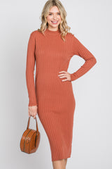 Rust Knit Mock Neck Midi Dress