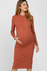 Rust Knit Mock Neck Maternity Midi Dress