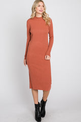 Rust Knit Mock Neck Midi Dress