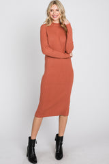 Rust Knit Mock Neck Midi Dress