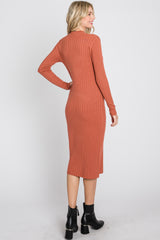 Rust Knit Mock Neck Midi Dress